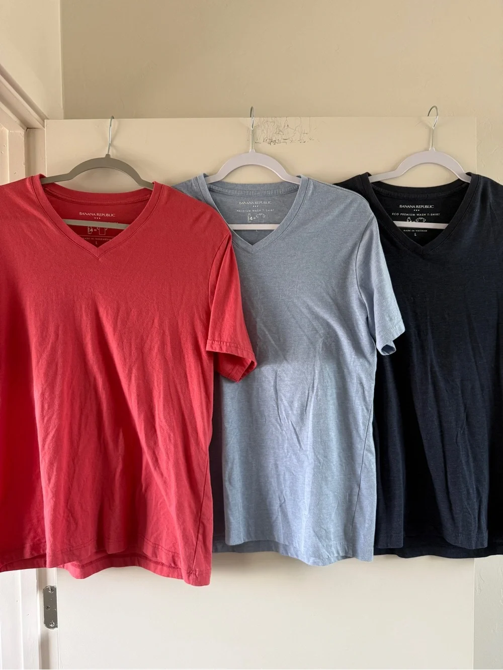 Banana Republic Men's V-Neck Tee Trio - Red, Light Blue, Navy